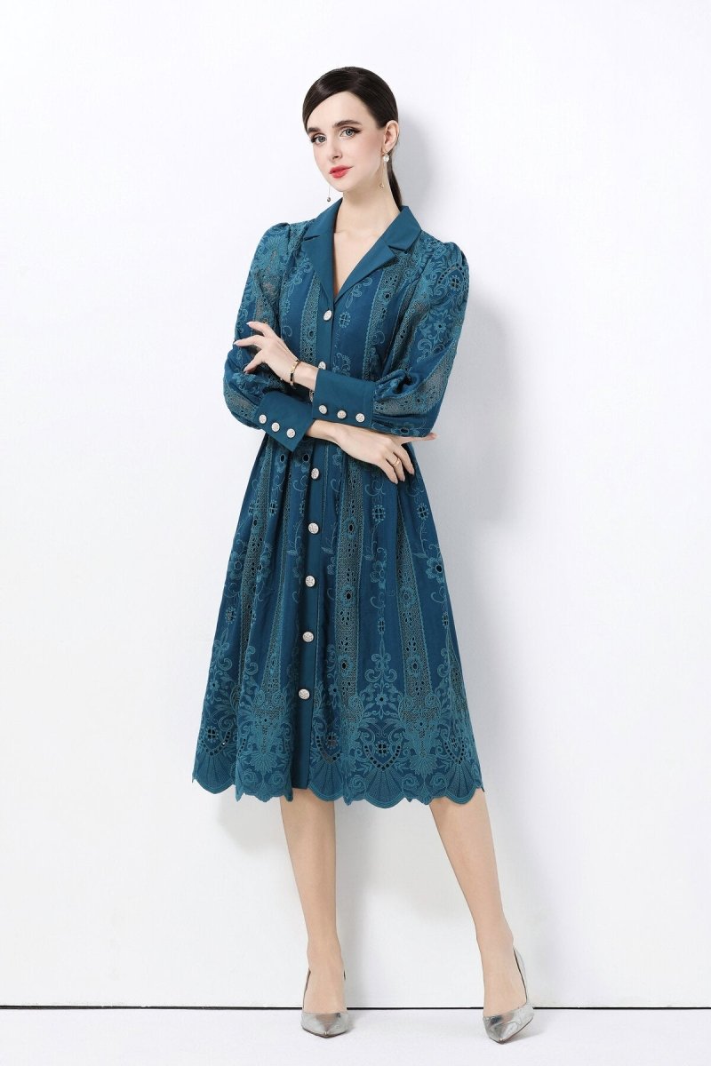 Elegant Embroidered Eyelet Belted Midi Shirt Dress