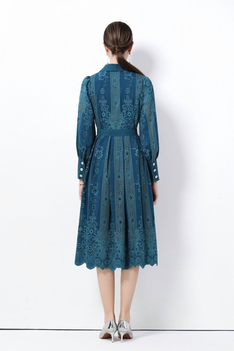 Elegant Embroidered Eyelet Belted Midi Shirt Dress