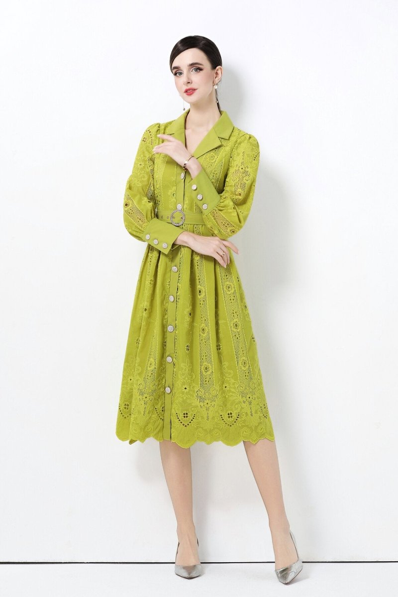 Elegant Embroidered Eyelet Belted Midi Shirt Dress