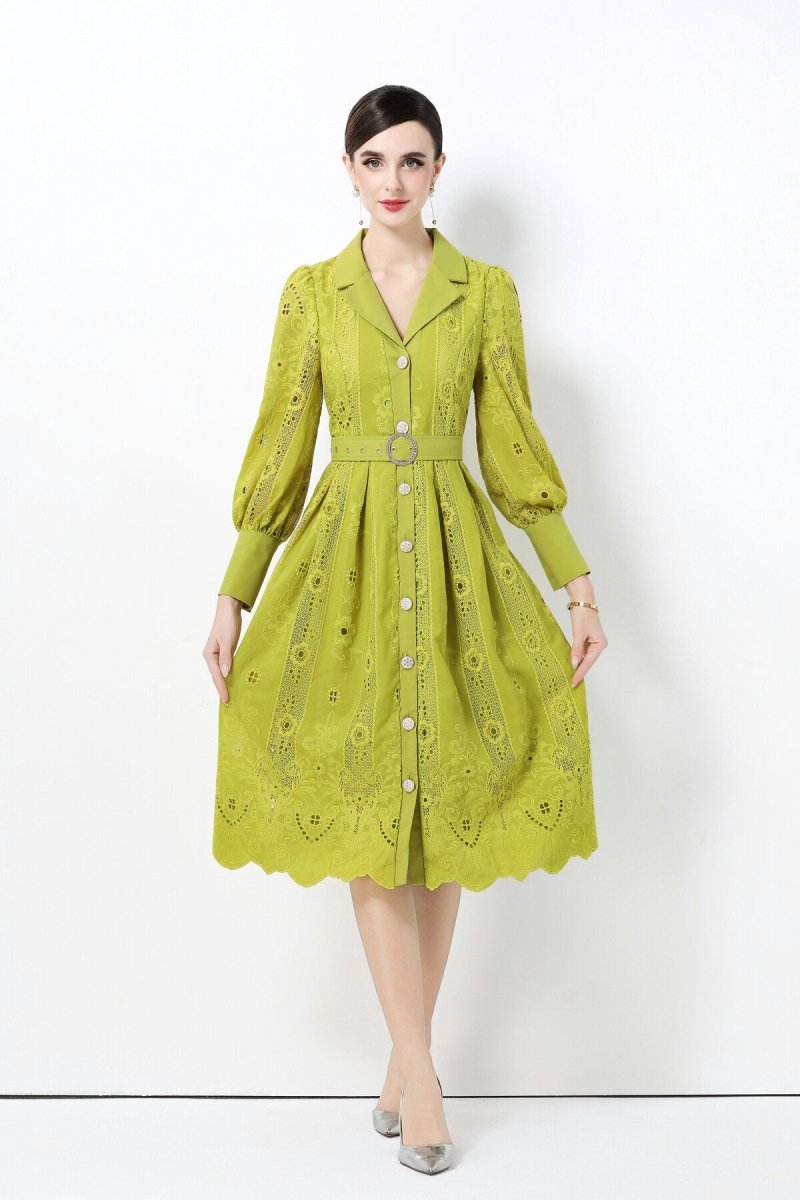 Elegant Embroidered Eyelet Belted Midi Shirt Dress