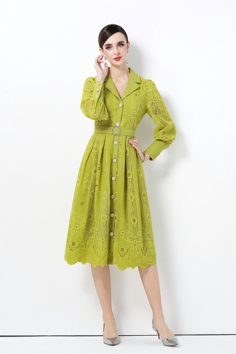 Elegant Embroidered Eyelet Belted Midi Shirt Dress