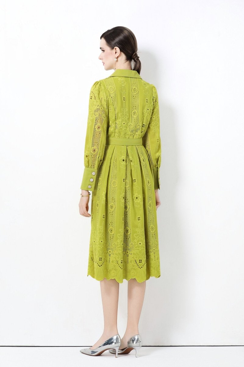 Elegant Embroidered Eyelet Belted Midi Shirt Dress