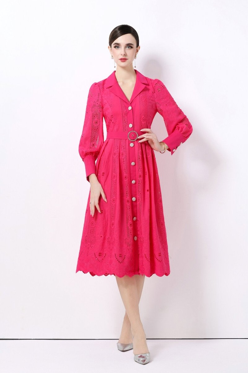 Elegant Embroidered Eyelet Belted Midi Shirt Dress