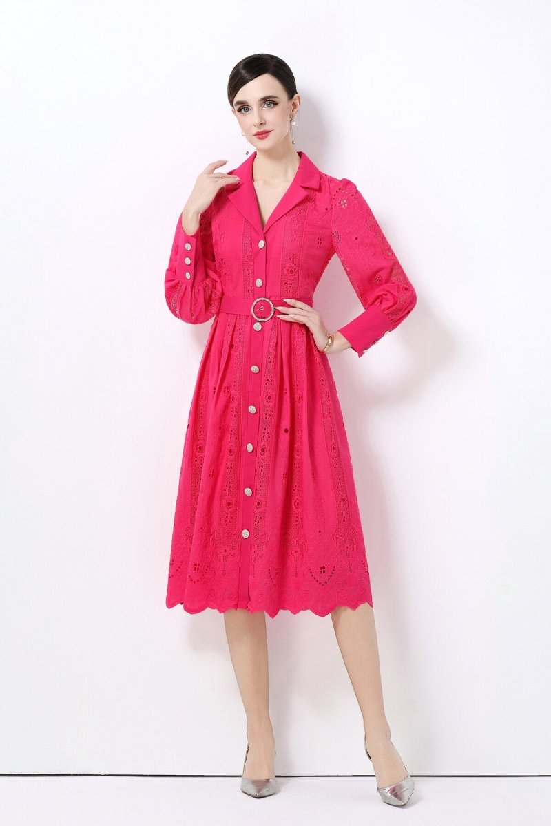 Elegant Embroidered Eyelet Belted Midi Shirt Dress