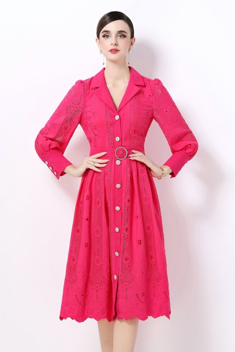 Elegant Embroidered Eyelet Belted Midi Shirt Dress