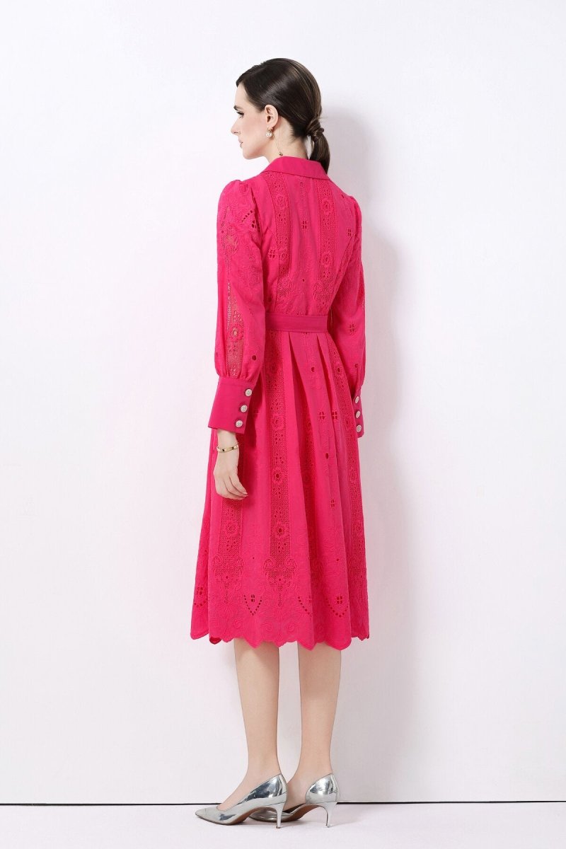 Elegant Embroidered Eyelet Belted Midi Shirt Dress