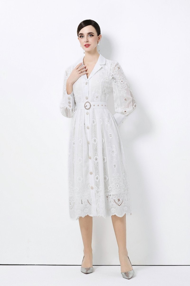 Elegant Embroidered Eyelet Belted Midi Shirt Dress