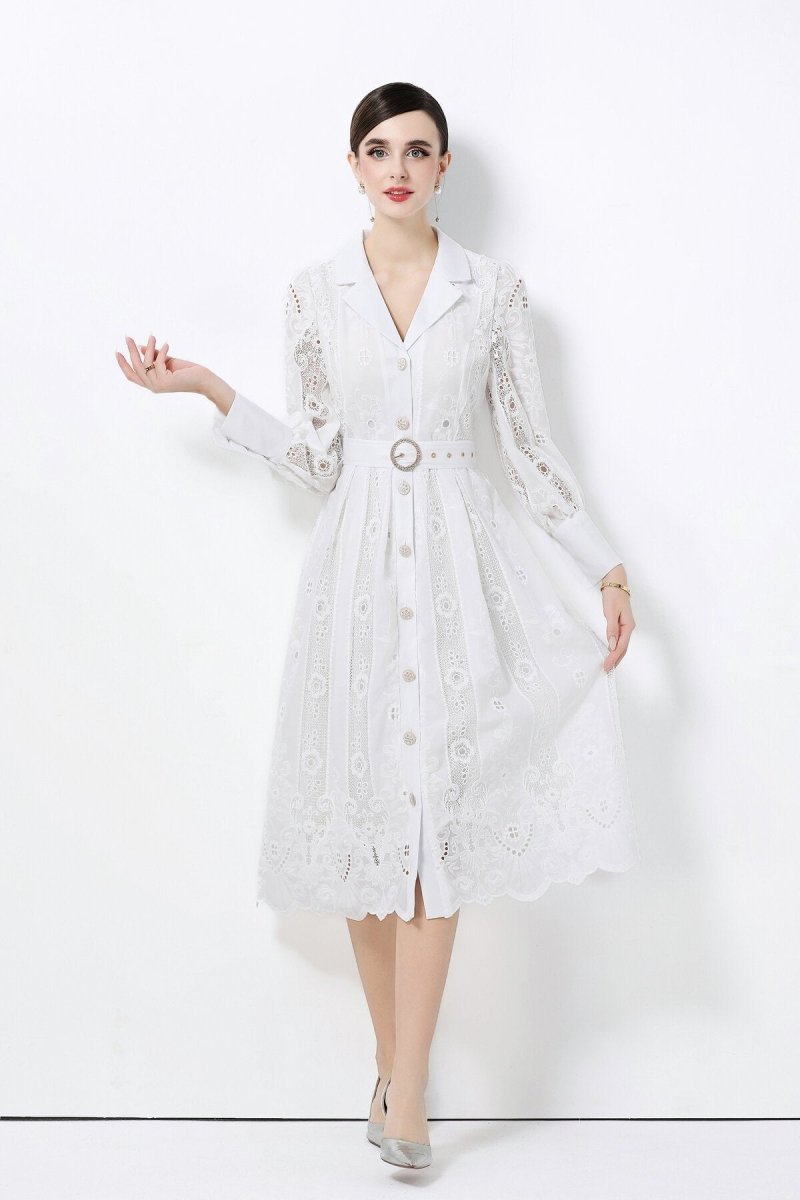 Elegant Embroidered Eyelet Belted Midi Shirt Dress