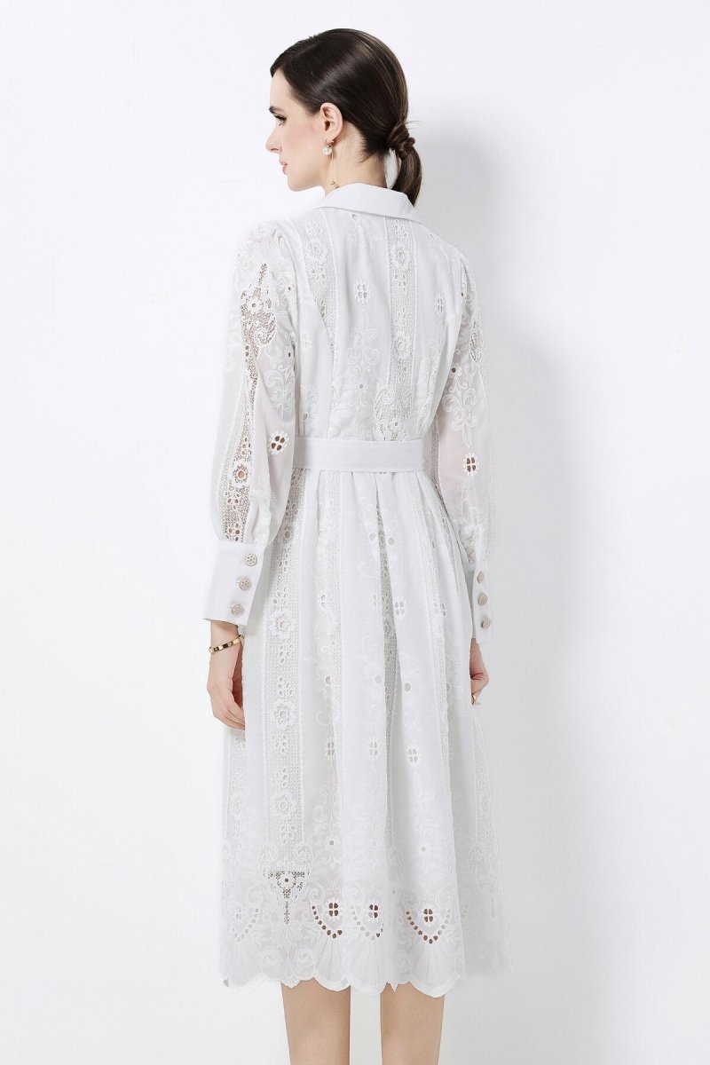 Elegant Embroidered Eyelet Belted Midi Shirt Dress