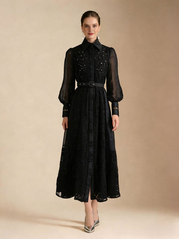 Elegant Embroidered Sheer Sleeve Maxi Dress