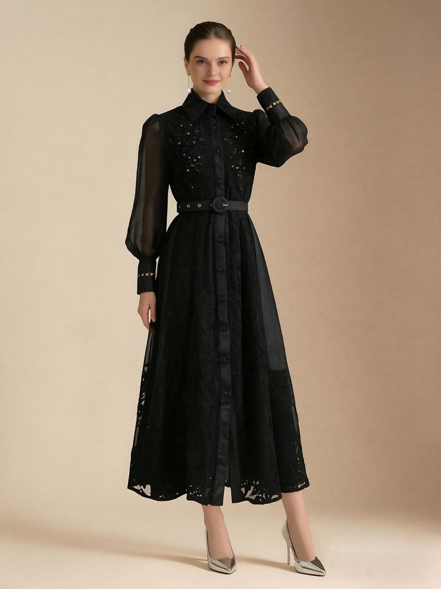 Elegant Embroidered Sheer Sleeve Maxi Dress