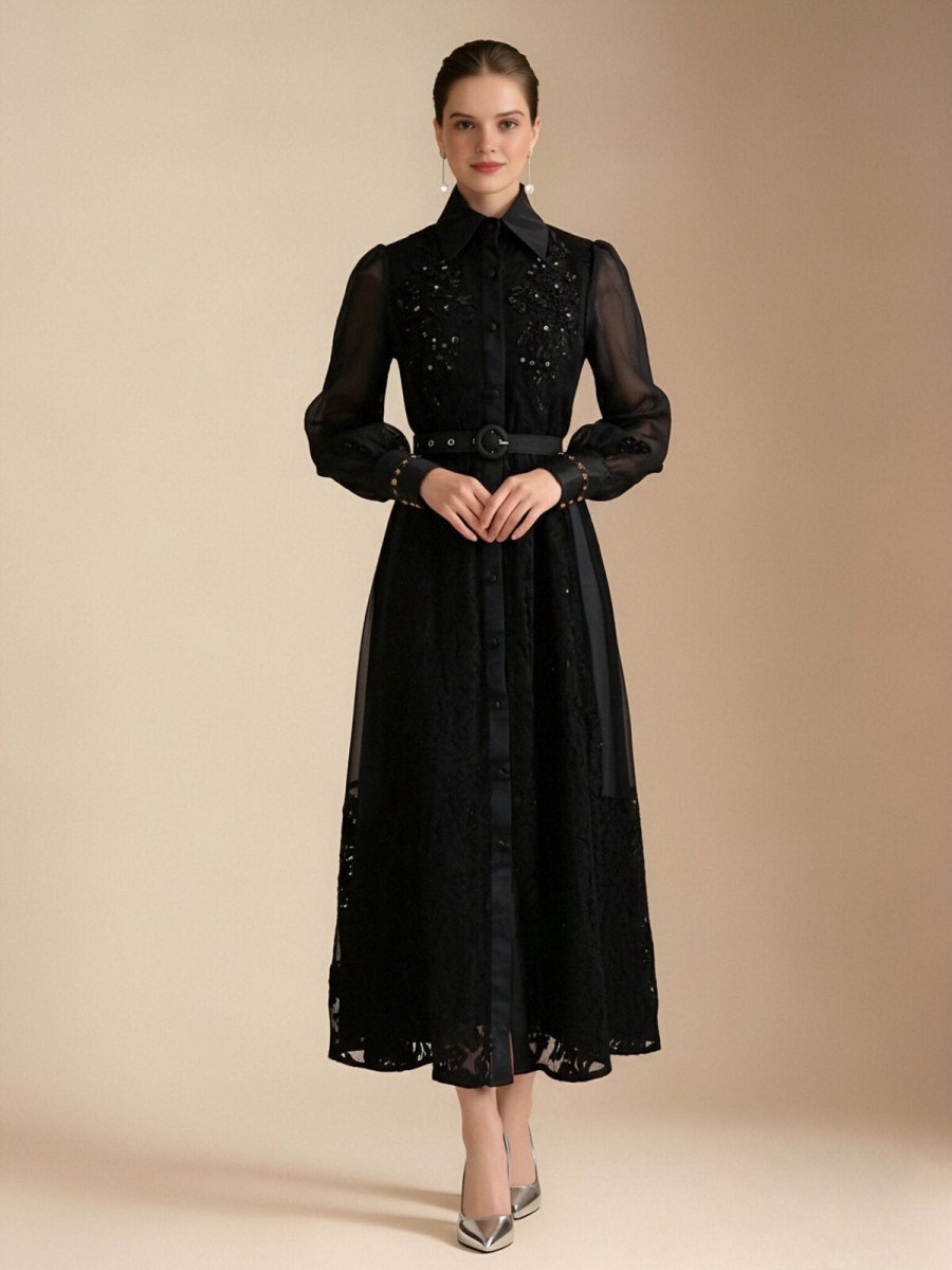 Elegant Embroidered Sheer Sleeve Maxi Dress