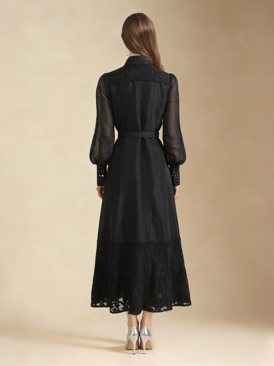 Elegant Embroidered Sheer Sleeve Maxi Dress