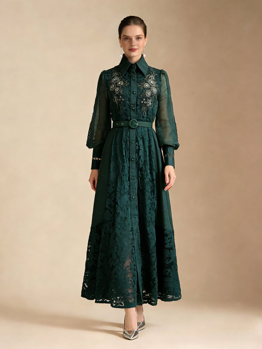 Elegant Embroidered Sheer Sleeve Maxi Dress