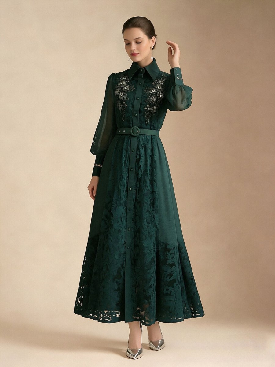 Elegant Embroidered Sheer Sleeve Maxi Dress