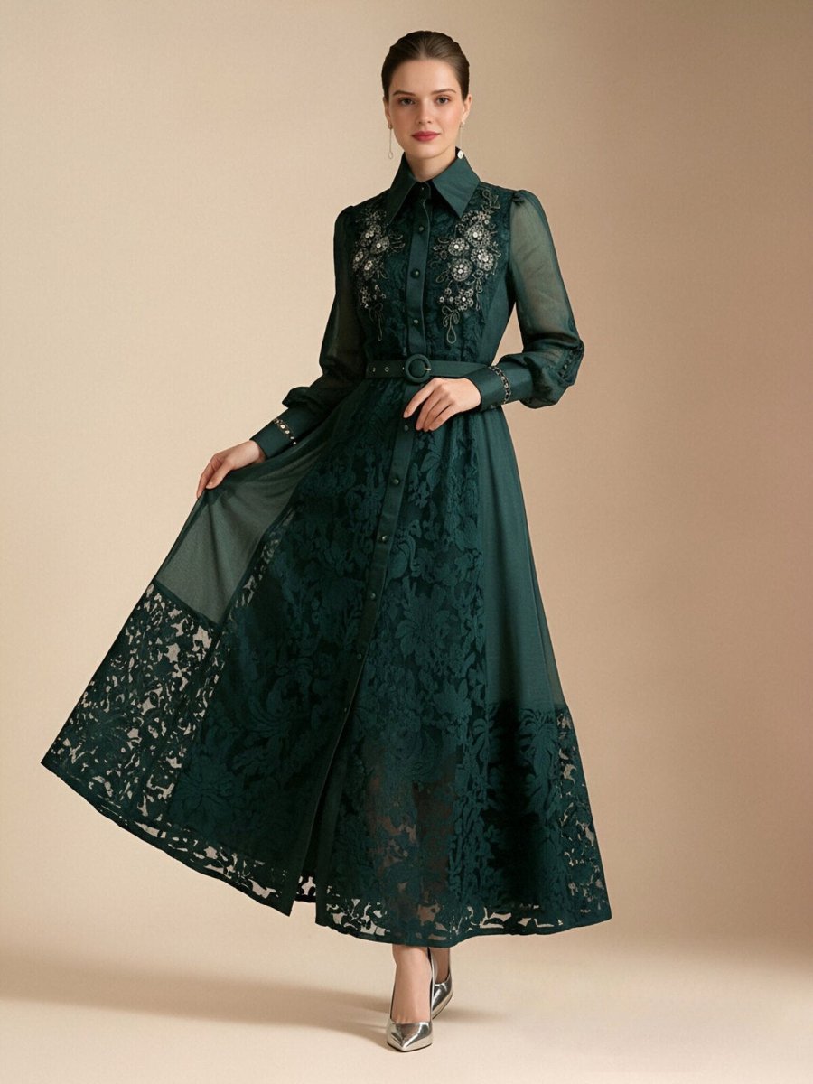 Elegant Embroidered Sheer Sleeve Maxi Dress