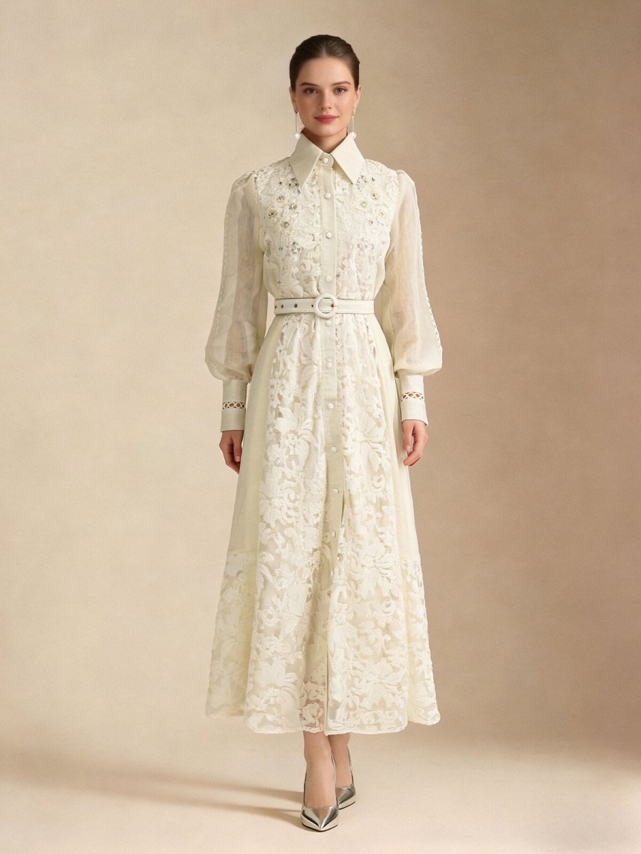 Elegant Embroidered Sheer Sleeve Maxi Dress