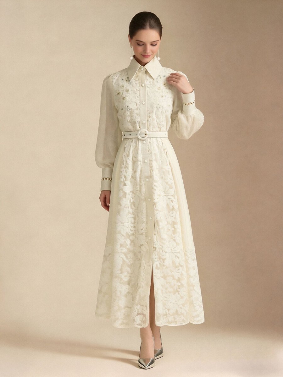 Elegant Embroidered Sheer Sleeve Maxi Dress