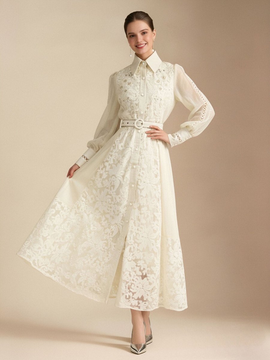 Elegant Embroidered Sheer Sleeve Maxi Dress