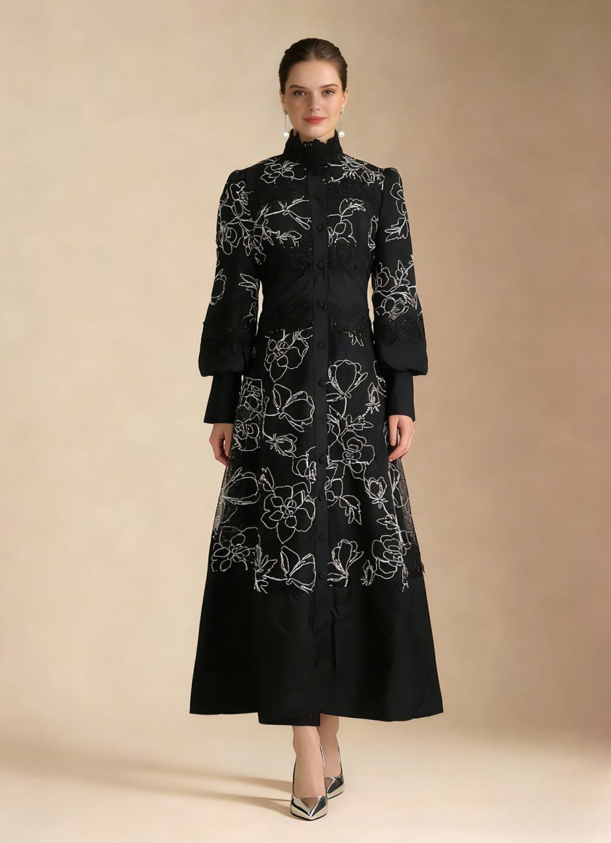 Elegant Floral Embroidered High Neck Maxi Dress