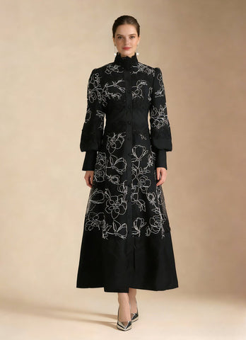 Elegant Floral Embroidered High Neck Maxi Dress