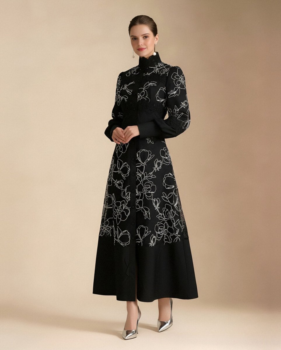 Elegant Floral Embroidered High Neck Maxi Dress
