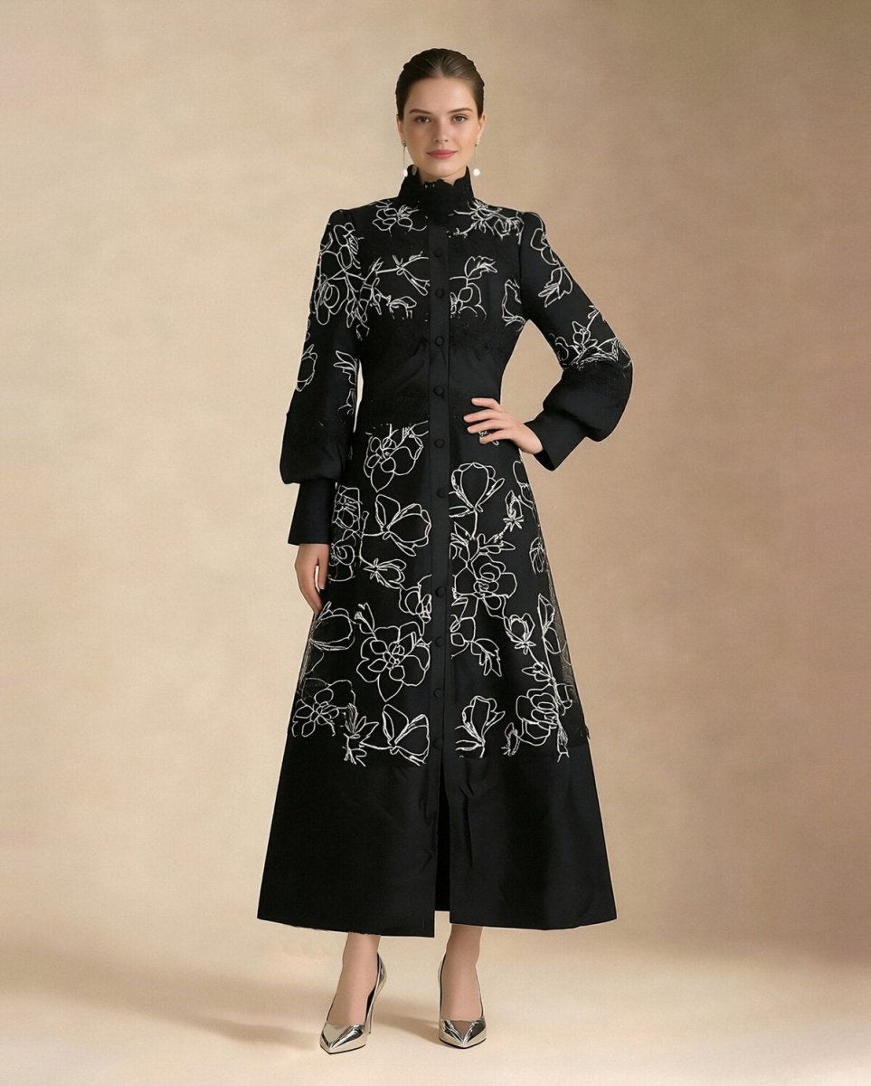 Elegant Floral Embroidered High Neck Maxi Dress
