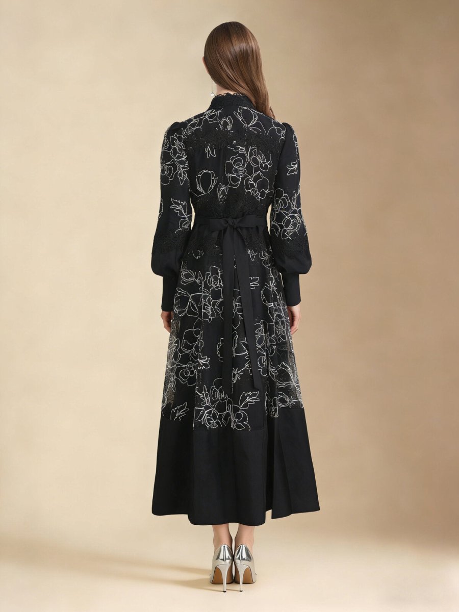 Elegant Floral Embroidered High Neck Maxi Dress