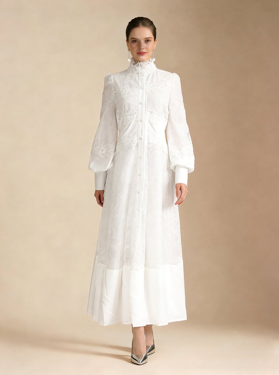 Elegant Floral Embroidered High Neck Maxi Dress
