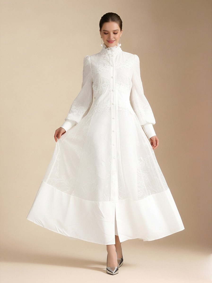 Elegant Floral Embroidered High Neck Maxi Dress