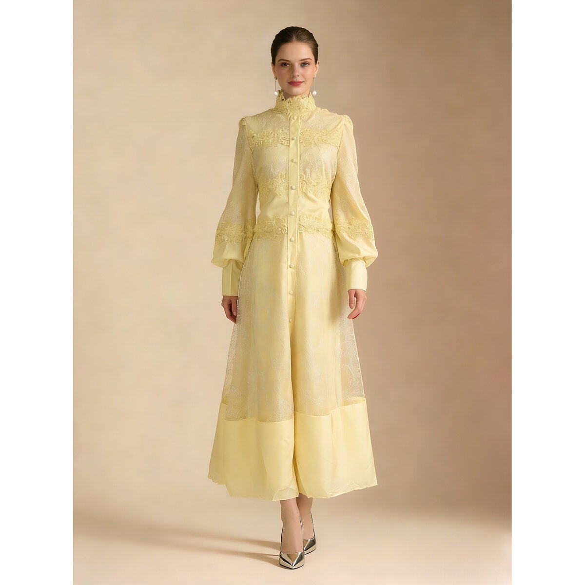Elegant Floral Embroidered High Neck Maxi Dress