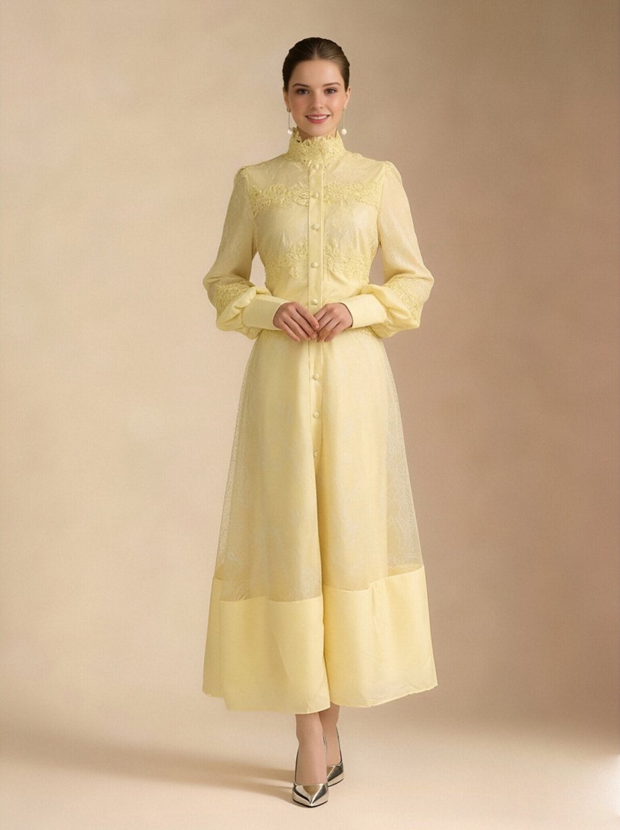 Elegant Floral Embroidered High Neck Maxi Dress