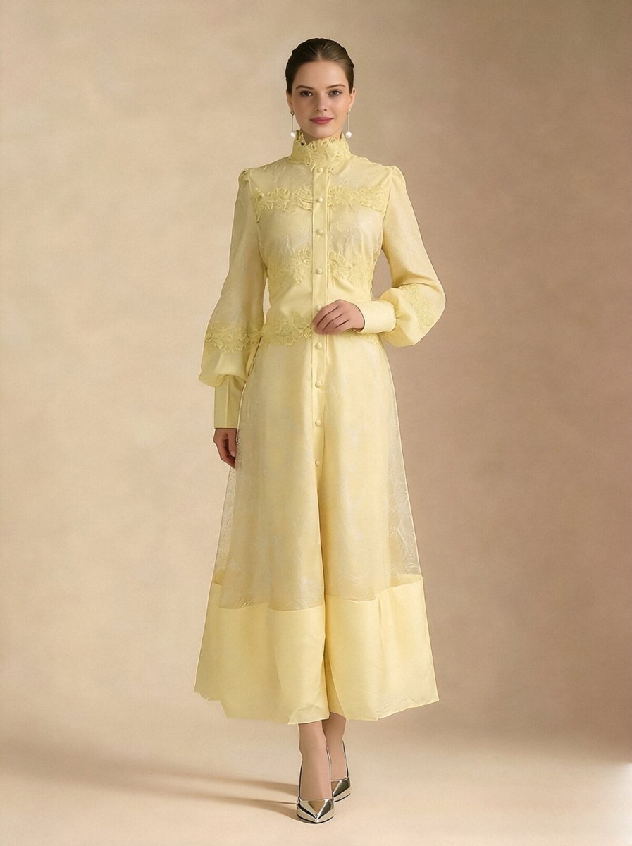 Elegant Floral Embroidered High Neck Maxi Dress