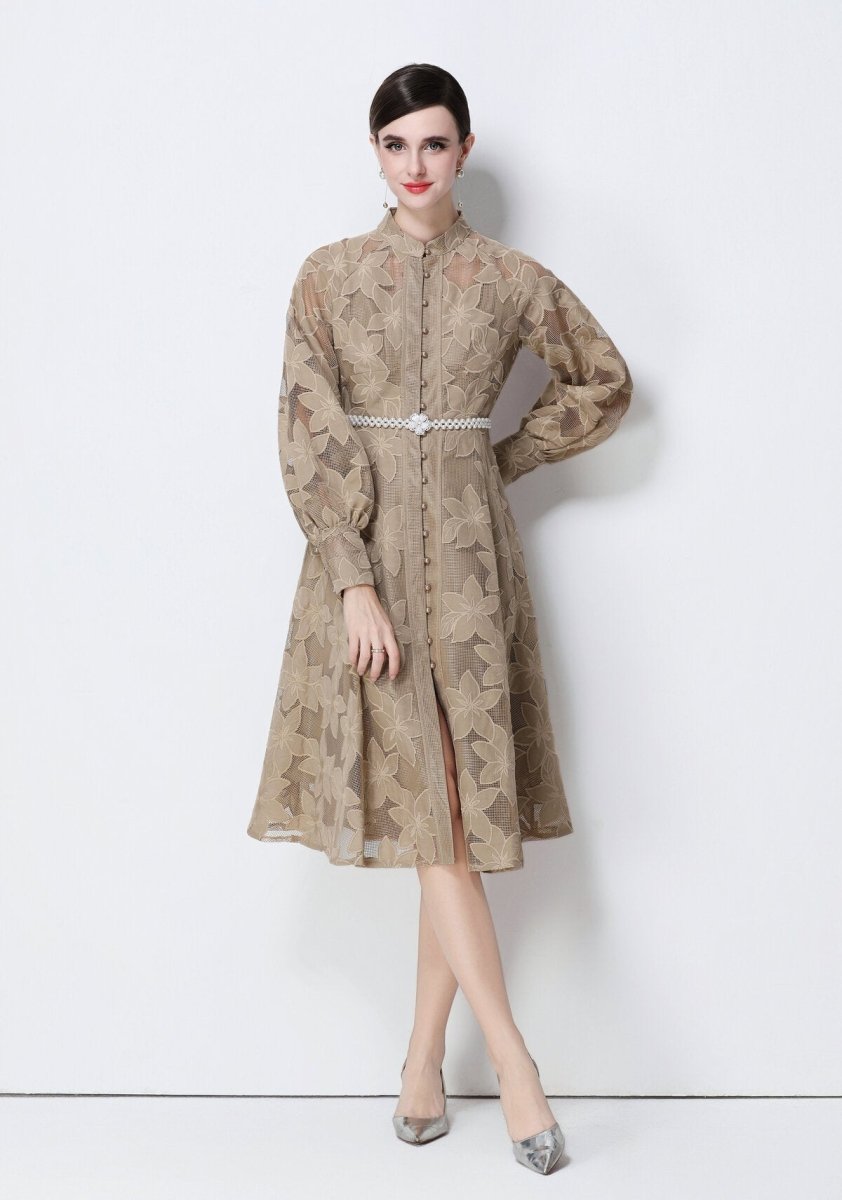 Elegant Floral Lace Pearl Belt Midi Dress