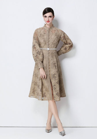 Elegant Floral Lace Pearl Belt Midi Dress