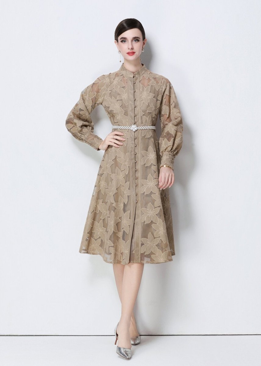 Elegant Floral Lace Pearl Belt Midi Dress