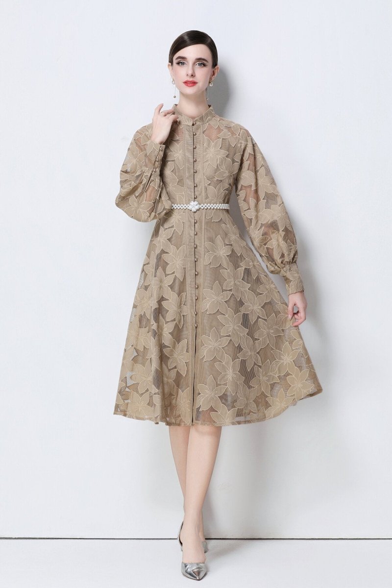 Elegant Floral Lace Pearl Belt Midi Dress