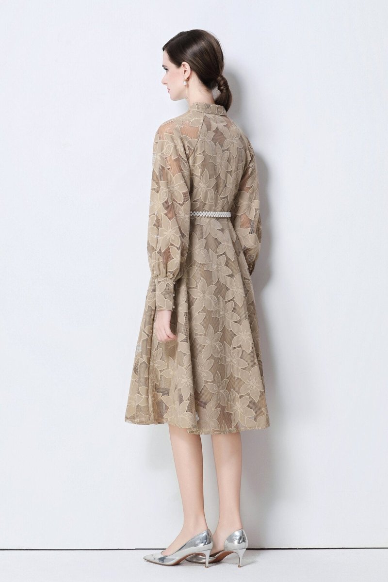 Elegant Floral Lace Pearl Belt Midi Dress