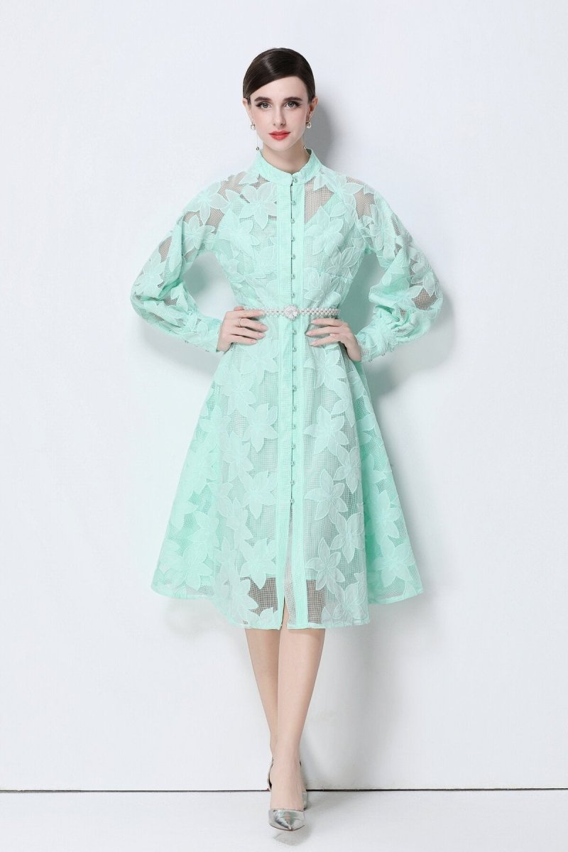 Elegant Floral Lace Pearl Belt Midi Dress