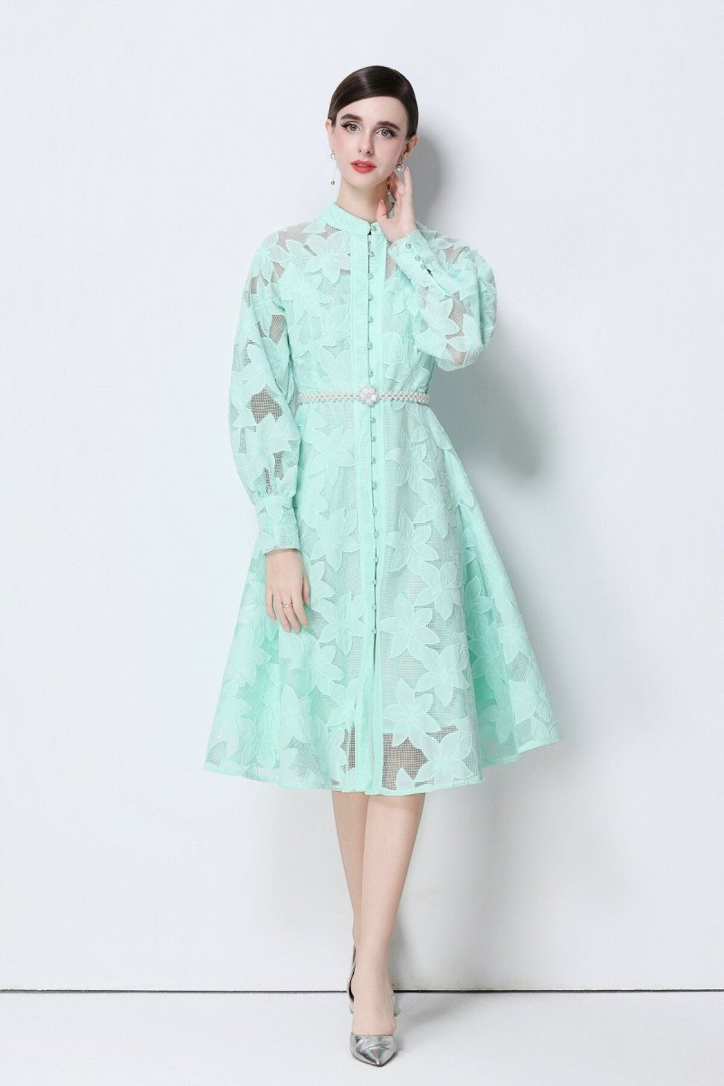 Elegant Floral Lace Pearl Belt Midi Dress