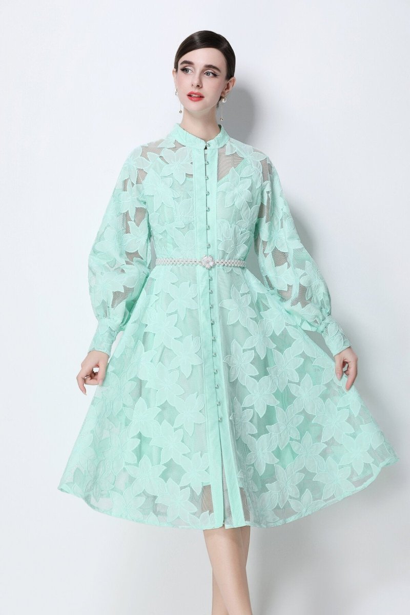 Elegant Floral Lace Pearl Belt Midi Dress