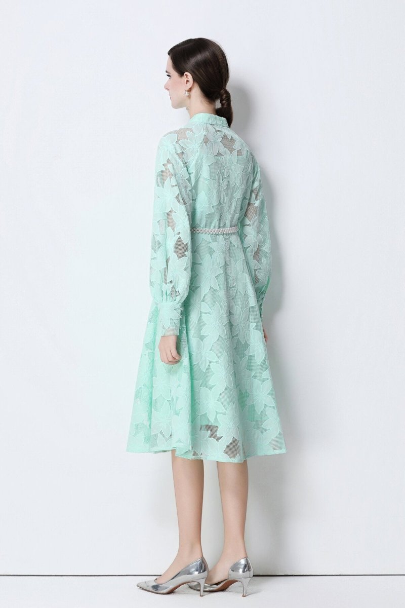 Elegant Floral Lace Pearl Belt Midi Dress
