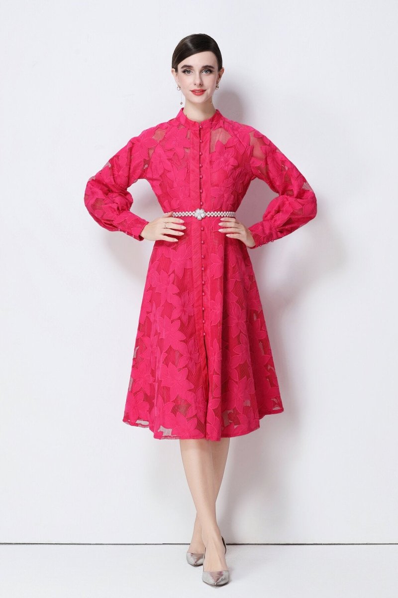 Elegant Floral Lace Pearl Belt Midi Dress