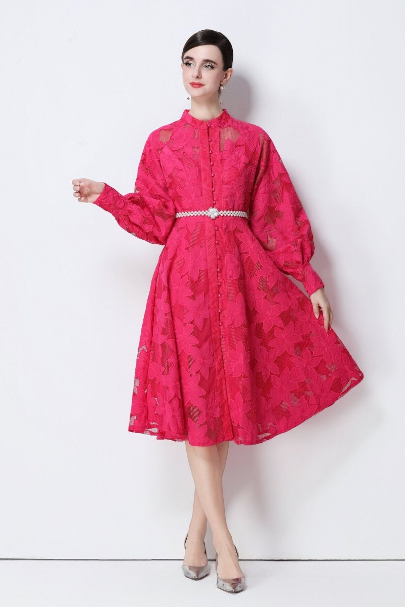 Elegant Floral Lace Pearl Belt Midi Dress