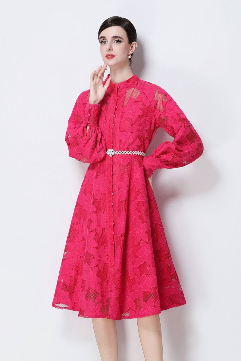 Elegant Floral Lace Pearl Belt Midi Dress