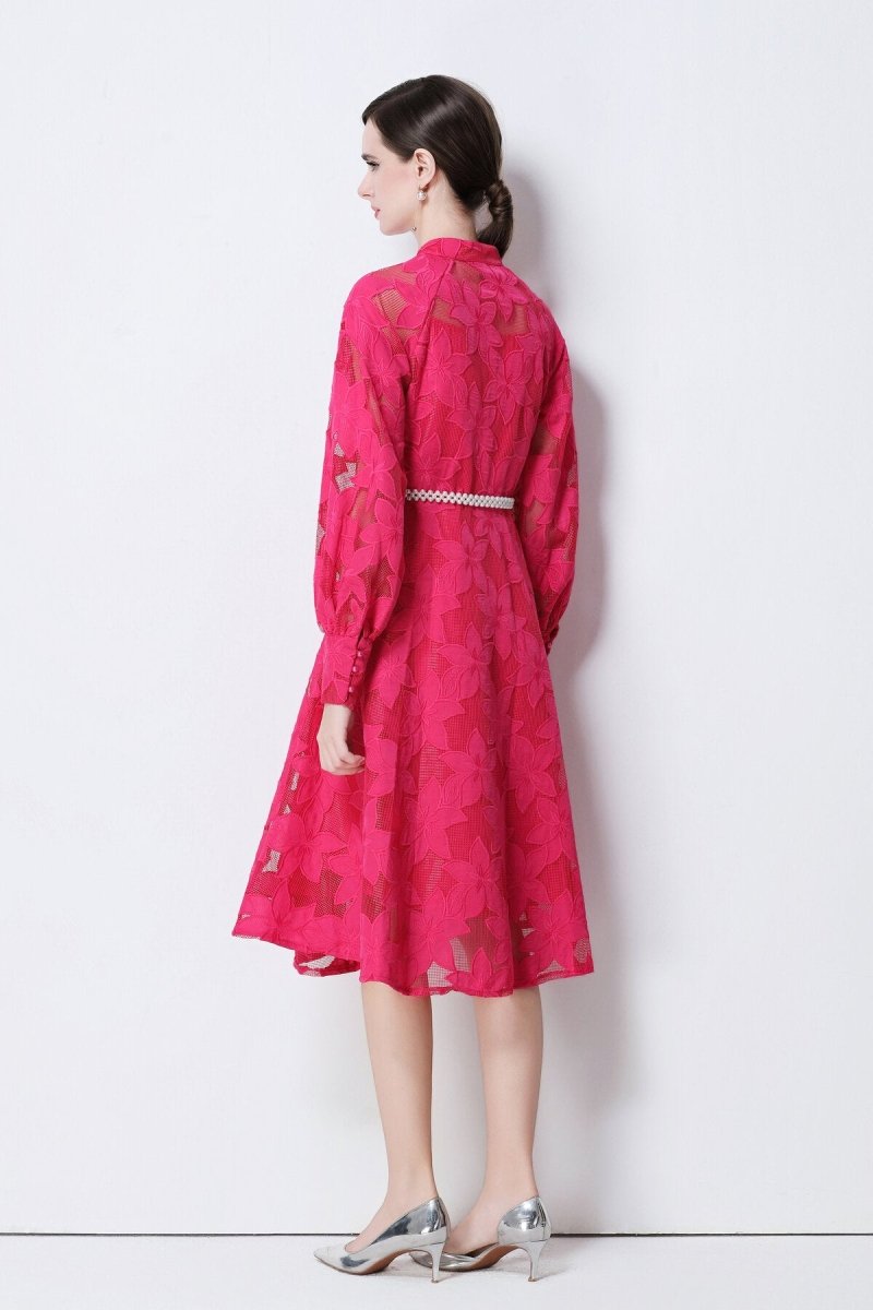 Elegant Floral Lace Pearl Belt Midi Dress