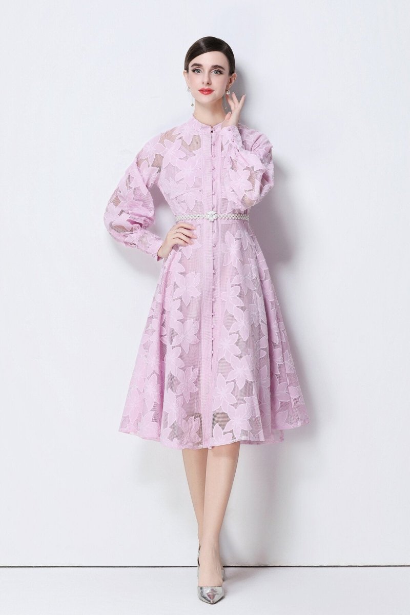 Elegant Floral Lace Pearl Belt Midi Dress