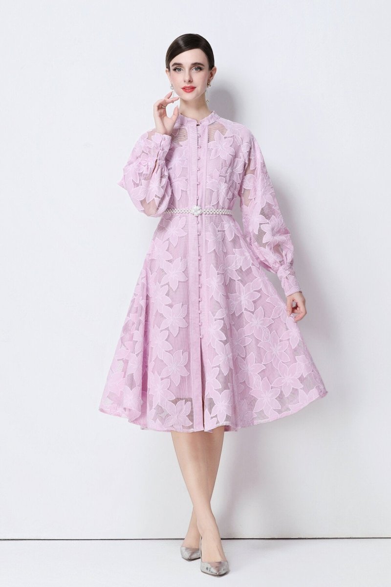 Elegant Floral Lace Pearl Belt Midi Dress