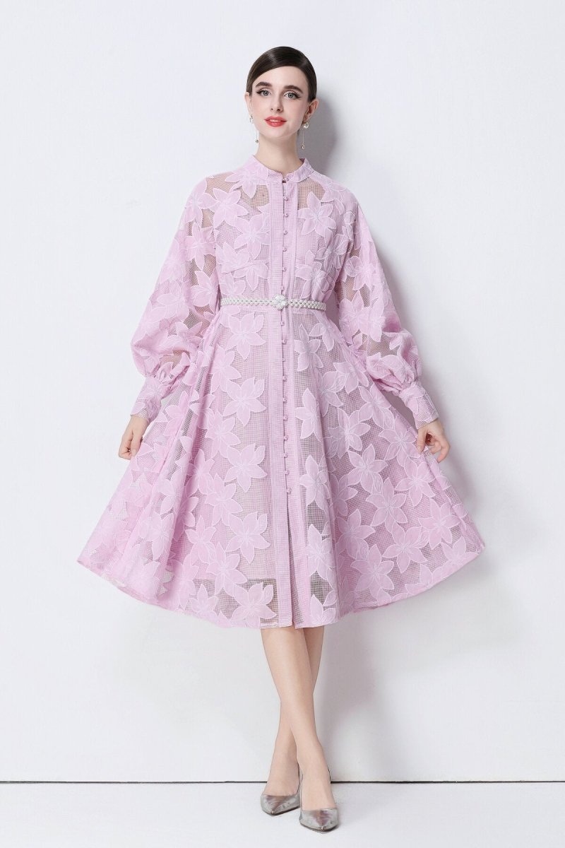 Elegant Floral Lace Pearl Belt Midi Dress