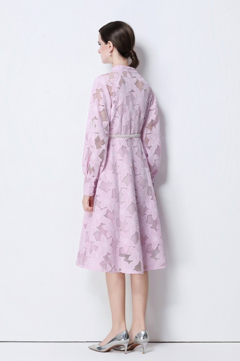 Elegant Floral Lace Pearl Belt Midi Dress